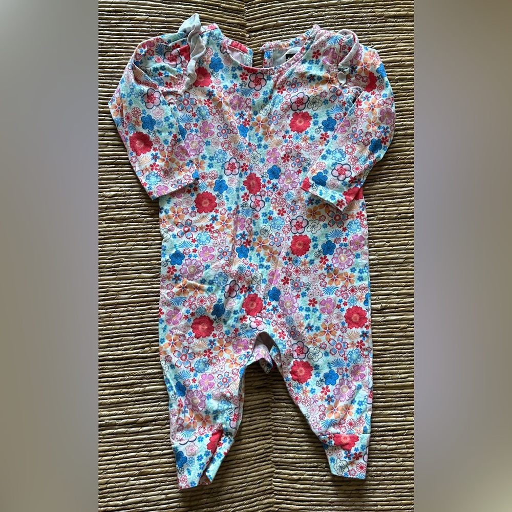 Tea Collection Baby Girl Long Sleeve Floral Romper with Ruffle Shoulder, 6-9 M